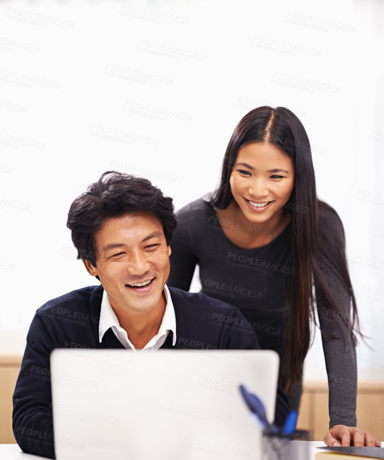 Buy stock photo Happy, cooperation and teamwork on laptop in office with businessman learning from support of woman. Feedback, advice and manager training asian man on computer in collaboration and reading email