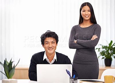 Buy stock photo Portrait, corporate and business people in office with Japanese staff, employees and personnel for project. Professional, laptop and asian man and happy woman for teamwork, collaboration and planning