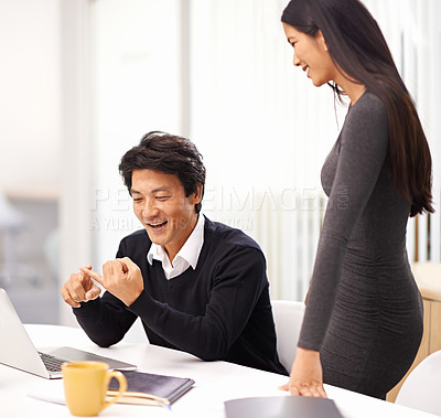 Buy stock photo Mentor, help and teamwork on laptop in office with businessman learning from support of woman. Feedback, advice and manager training asian man on computer in collaboration with questions or ideas