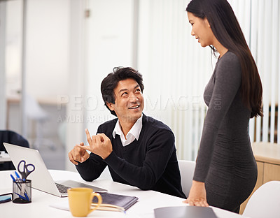 Buy stock photo Mentor, help and teamwork on laptop in office with businessman learning from support of woman. Feedback, advice and manager training asian man on computer in collaboration and reading online research
