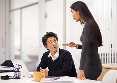 Buy stock photo Laptop, problem and mentor in office for discussion with businessman learning from woman. Feedback, advice and training asian man on computer with mistake and error in online research project
