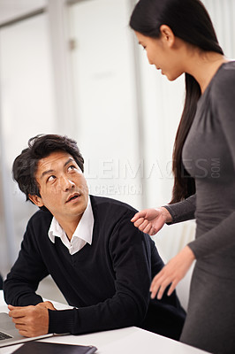 Buy stock photo Laptop, advice and manager in office for discussion with businessman learning from woman. Feedback, help and mentor training asian man on computer with mistake and coaching in Tokyo with support