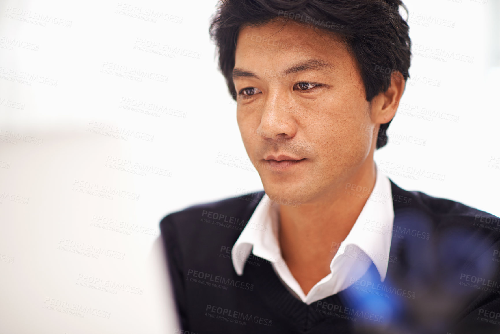 Buy stock photo Professional, corporate and asian businessman in office for communication, chat or email. Entrepreneur, online research and Japanese male employee with laptop for internet, website and planning 