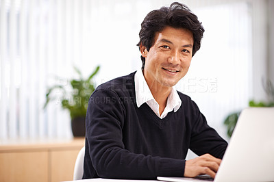 Buy stock photo Portrait, laptop and professional asian business man in office for communication, chat or email. Corporate, entrepreneur and Japanese male employee with technology for internet, website and planning 