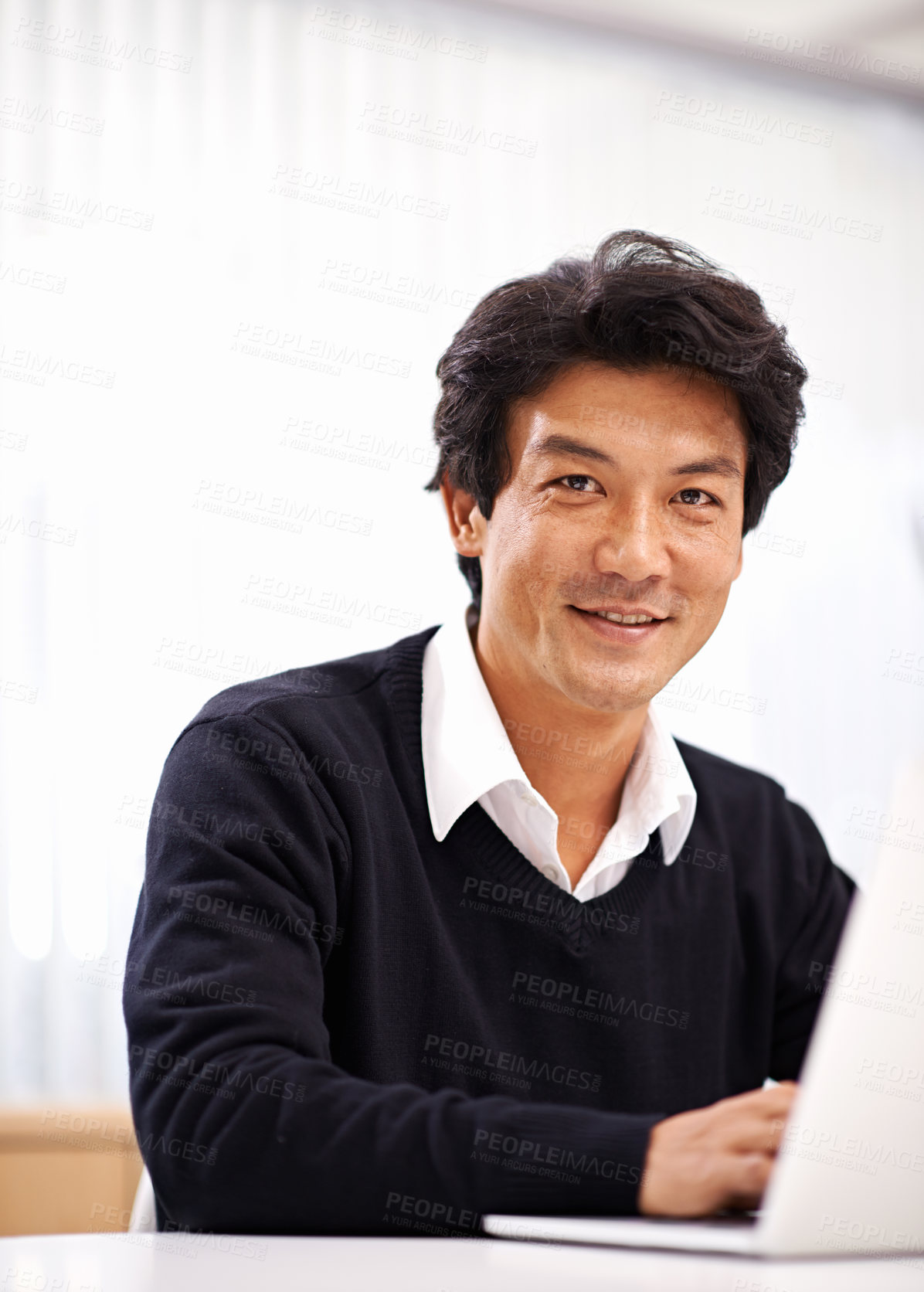 Buy stock photo Portrait, laptop and asian businessman for advisor, communication or typing email in office. Professional, entrepreneur and Japanese male employee with technology for internet, website and planning