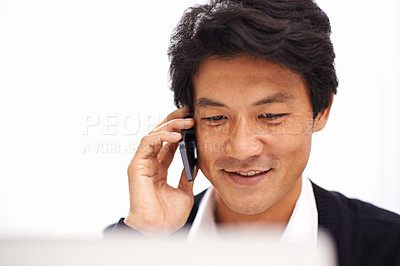 Buy stock photo Japanese, business and man networking with phone call in office with discussion of b2b client. Project, update and contact entrepreneur for conversation, communication and planning a development