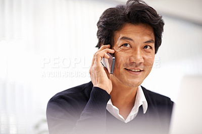 Buy stock photo Thinking, business and man with phone call in office with networking discussion to b2b client. Project, ideas and contact entrepreneur for conversation, communication and planning a development