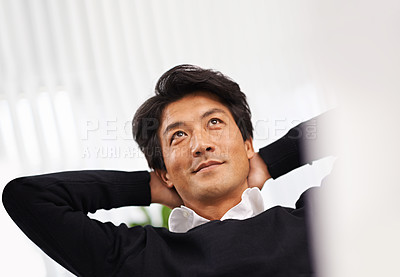 Buy stock photo Happy, thinking and asian man relax in office with ideas for development of project or planning a future. Japanese, entrepreneur and person brainstorming a creative decision and solution for startup