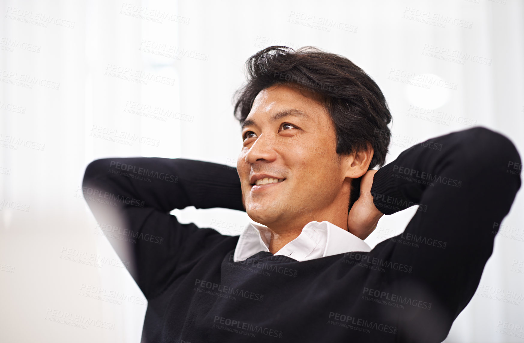 Buy stock photo Happy, thinking and asian man relax in office with ideas for development of project or planning a future. Japanese, entrepreneur and person brainstorming a creative decision and solution in Tokyo