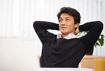 Buy stock photo Work, thinking and asian man relax in office with ideas for development of project or planning a future. Japanese, entrepreneur and person brainstorming a creative decision and solution for startup