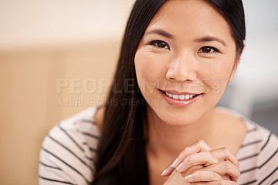 Buy stock photo Asian woman, portrait and office for creative company as copywriter for business or agency. Japanese person, smile and startup for project for workplace or job, editor and designer from Tokyo.