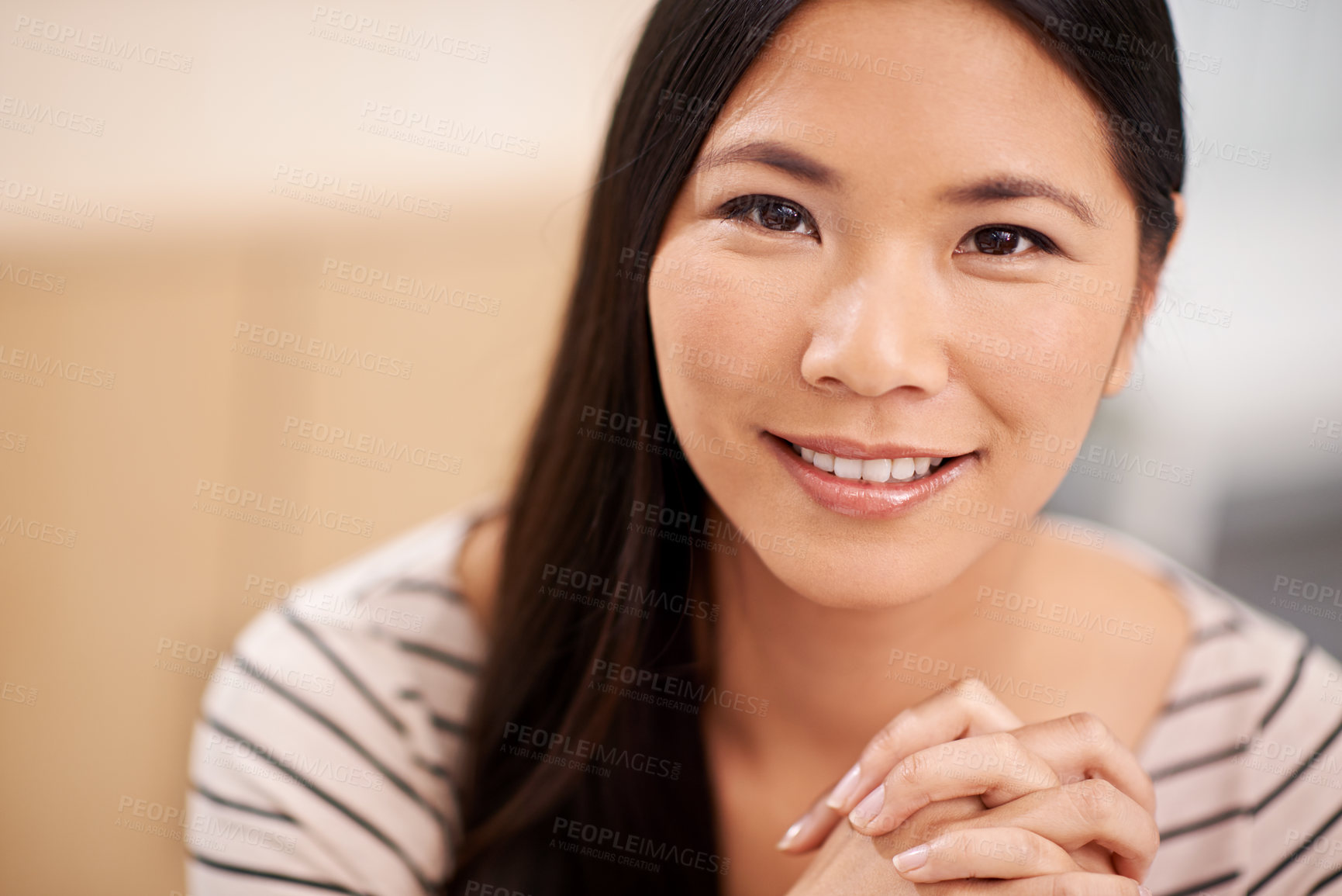 Buy stock photo Asian woman, portrait and office for creative company as copywriter for business or agency. Japanese person, smile and startup for project for workplace or job, editor and designer from Tokyo.