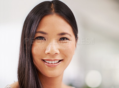 Buy stock photo Asian woman, portrait and office for creative agency as copy writer for marketing company or business. Japanese person, smile and startup for project for workplace, editor and designer from Tokyo.