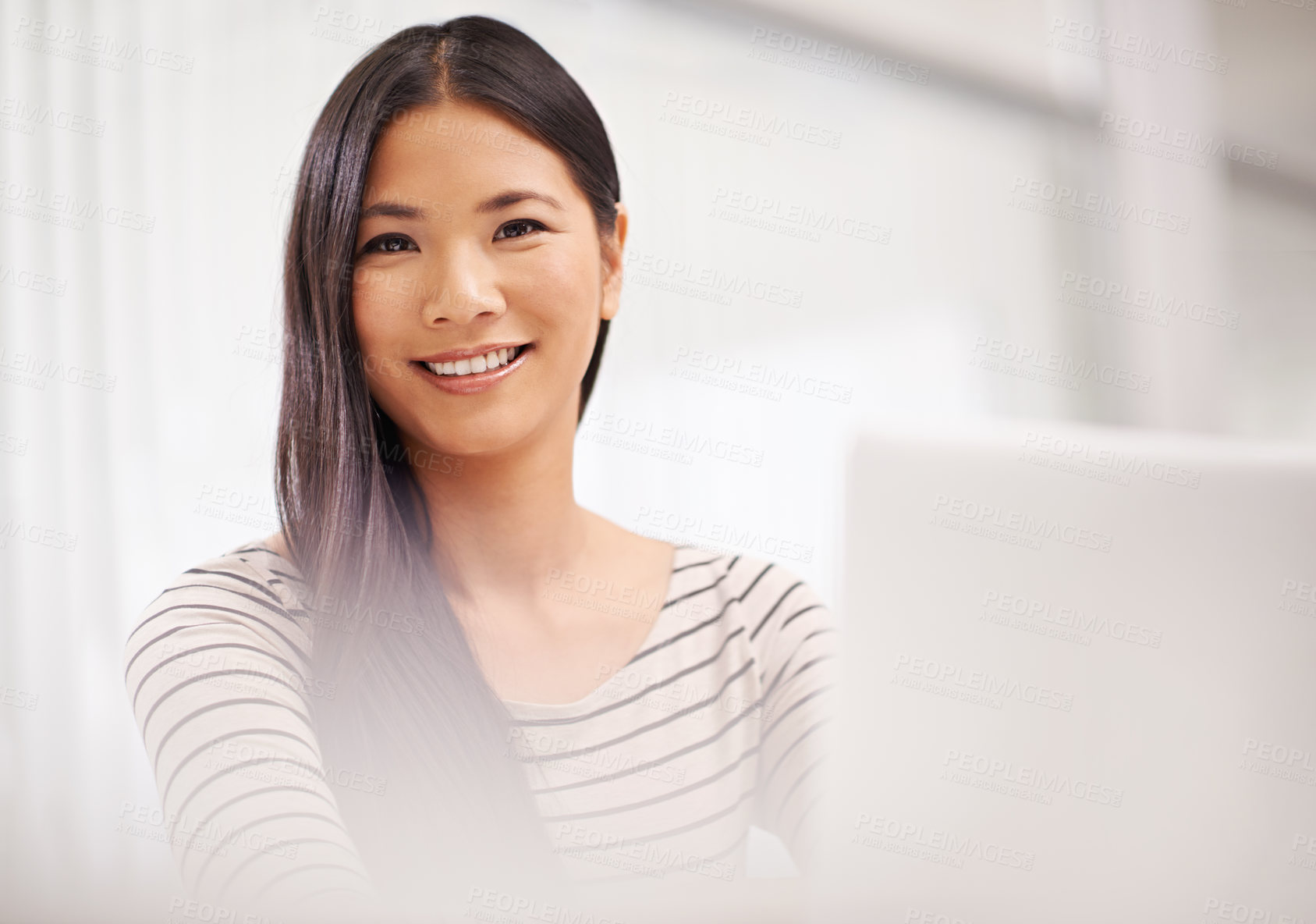 Buy stock photo Smile, employee and portrait of woman with laptop on table working with internet online. Adult, Asian female person and staff in corporate company to research on website and social media for business