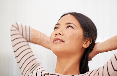 Buy stock photo Calm, thinking and woman relax in office with ideas for development of project or planning a future. Japanese, entrepreneur and person brainstorming a creative decision and stretching in Tokyo