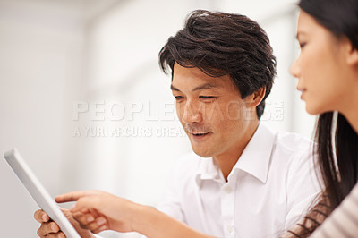 Buy stock photo Work, cooperation and people in collaboration with tablet in Japanese startup with teamwork. Planning, project and development in Tokyo office with team in online research process and feedback