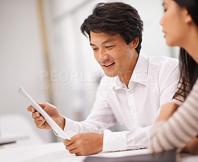 Buy stock photo Work, research and people in collaboration with tablet in Japanese startup with teamwork. Planning, project and development in Tokyo office with help for online process on tech with support or advice