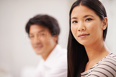 Buy stock photo Portrait, Asian woman and man in office, partnership and employees in corporate company with teamwork. Collaboration, girl and male person working together for project of startup business with smile