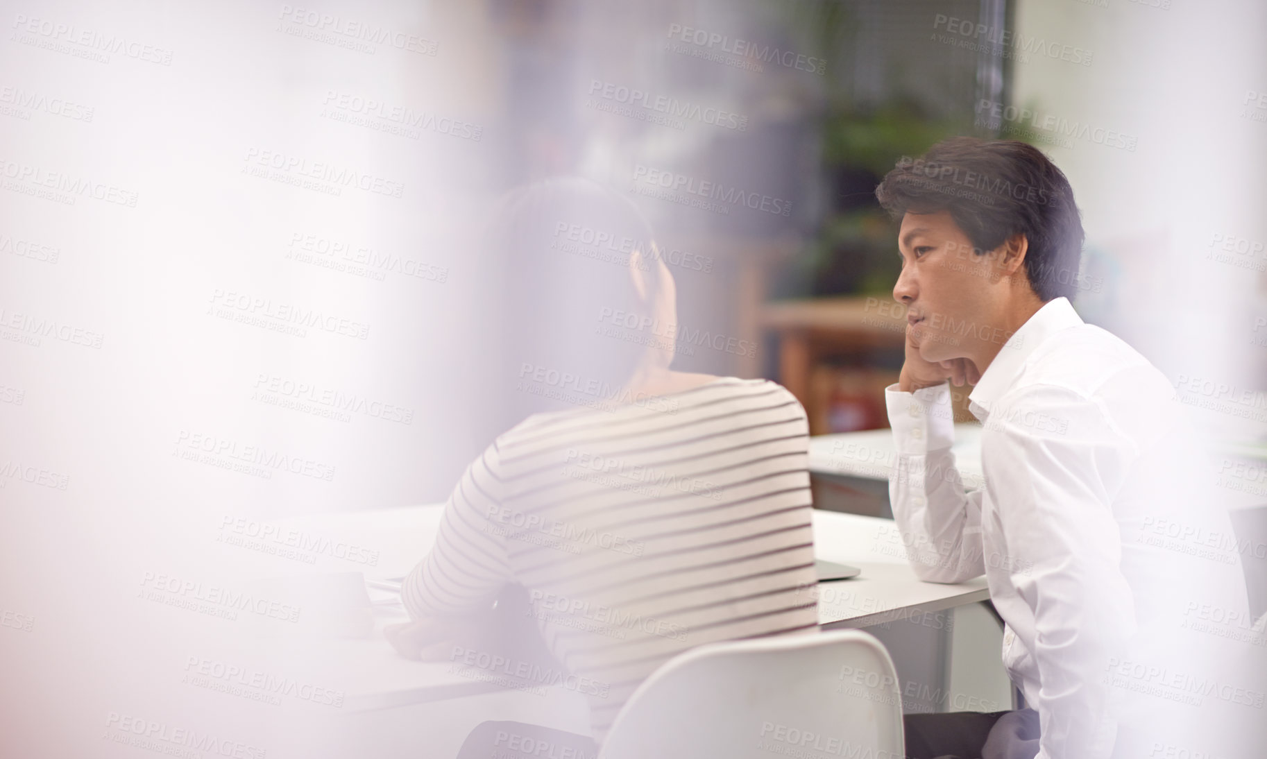 Buy stock photo Business, cooperation and people conversation at office with feedback on project collaboration. Japanese, employee and businessman learning from discussion of ideas, development or social teamwork