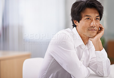 Buy stock photo Thinking, idea and business Asian man in office for problem solving, brainstorming and solution. Professional, corporate worker and person wondering, thoughtful and planning for career, job and work