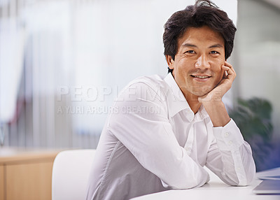 Buy stock photo Happy, office and portrait of business Asian man with confidence, company pride and smile. Creative startup, professional worker and face of person in workplace for career, job and working in Japan