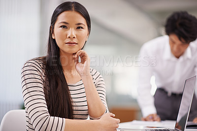 Buy stock photo Laptop, office and portrait of business Asian woman with confidence, company pride and computer. Creative startup, professional worker and person online for research, website and internet in Japan