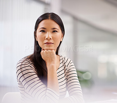 Buy stock photo Professional, office and portrait of business Asian woman with confidence, company pride and ambition. Creative startup, worker mockup and person in workplace for career, job and working in Japan