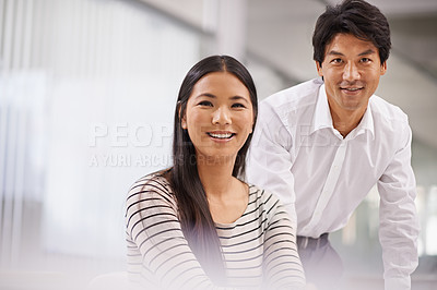 Buy stock photo Portrait, professional and business people in office with Japanese staff, employees and personnel for project. Corporate, smile and asian man and woman for teamwork, collaboration and planning