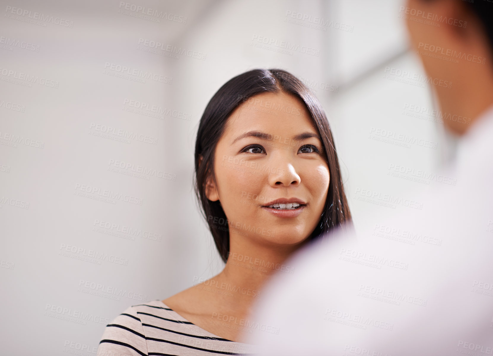 Buy stock photo Business, cooperation and asian woman in conversation at office with feedback on project collaboration. Japanese, employee and talking to businessman with discussion of ideas, development or teamwork