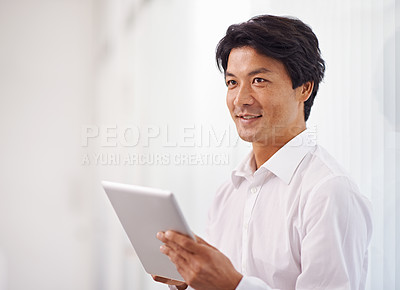 Buy stock photo Tablet, corporate and asian businessman online for reading email, communication and internet research in office. Professional, technology and Japanese male employee for search, website and planning