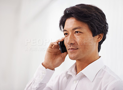 Buy stock photo Business, thinking and phone call with man in office and networking discussion to b2b client. Project, ideas and contact entrepreneur for feedback conversation, communication and planning a decision
