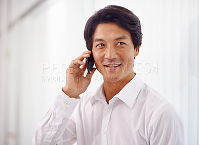 Buy stock photo Man, thinking and phone call for business in office with happy networking discussion to client. Project, idea and contact entrepreneur for feedback conversation, communication and planning a decision