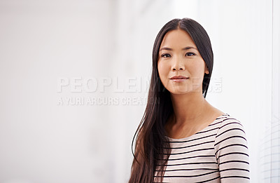 Buy stock photo Company, office and portrait of business Asian woman with confidence, pride and ready for opportunity. Creative startup, professional worker and person in workplace for career, job and work in Japan