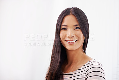 Buy stock photo Asian girl, portrait and office for creative business as copywriter for company or agency. Japanese woman, smile and startup for project for workplace or job, editor and designer from Tokyo.