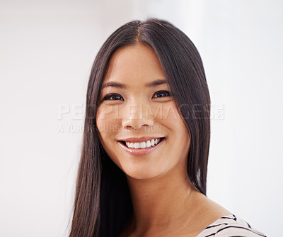 Buy stock photo Asian girl, portrait and office for creative company as copy writer for marketing business or agency. Japanese woman, smile and startup for project for workplace, editor and designer from Tokyo.
