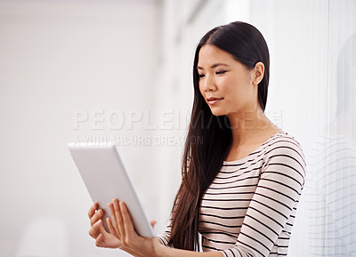 Buy stock photo Asian woman, reading and tablet for creative career in web development, search and information technology for planning. Japanese girl or designer, digital tech and internet for startup online website