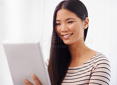 Buy stock photo Asian woman, happy and tablet for creative career in web development, search and information technology for planning. Japanese girl or designer, digital tech and internet for startup online website.