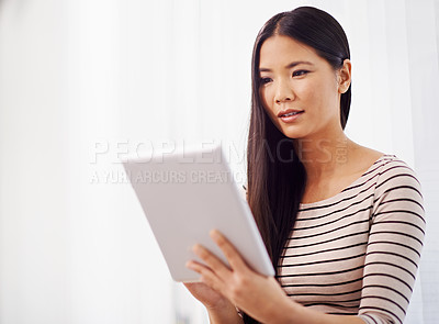 Buy stock photo Asian woman, tablet and work for creative career in web development, search and information technology for planning. Japanese girl or designer, digital tech and internet for startup online website.