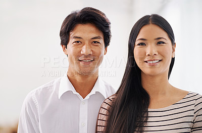 Buy stock photo Portrait, Asian woman and man in office, smile and employees in corporate company with teamwork. Collaboration, girl and male person working together as colleagues for project of startup business
