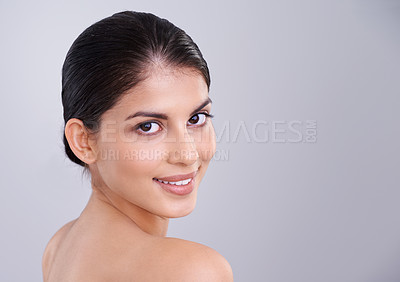 Buy stock photo Beauty, skincare and woman in portrait in studio, clean and natural with cosmetic care and wellness isolated on grey background. Facial, treatment and dermatology, happy with healthy skin and shine