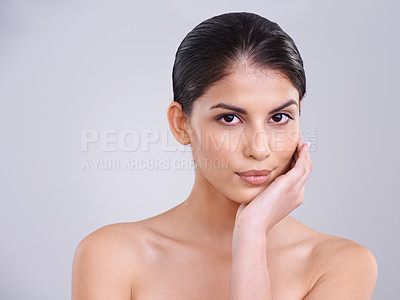 Buy stock photo Beauty, skin and woman in portrait for dermatology, clean and natural with cosmetic care and wellness isolated on grey background. Facial, treatment and bodycare, face with healthy glow and shine