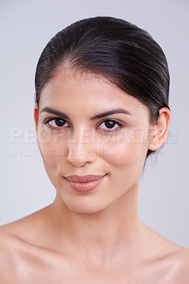 Buy stock photo Beauty, face and woman with skincare for dermatology, clean and natural with cosmetic care and wellness isolated on grey background. Facial, treatment and portrait with healthy skin glow and shine