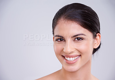Buy stock photo Beauty, face and happy with woman  in portrait, clean and natural with cosmetic care and wellness on grey background. Facial, treatment and skincare for dermatology, healthy skin glow and shine