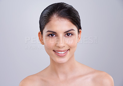 Buy stock photo Beauty, portrait and dermatology with woman, cosmetic care and wellness in headshot isolated on grey background. Clean, natural and shine on face for skincare, healthy skin and hygiene in studio