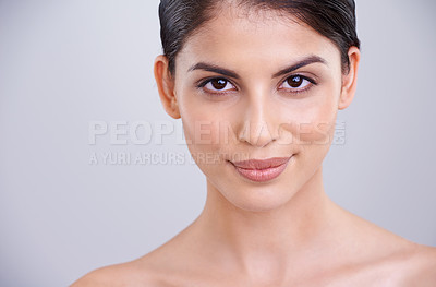 Buy stock photo Beauty, portrait and dermatology, woman with smile and cosmetic care with wellness in headshot on grey background. Clean, natural and shine on face for skincare, healthy skin and hygiene in studio