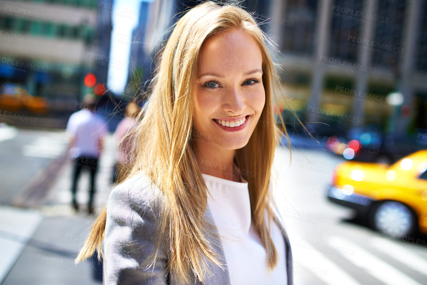 Buy stock photo Woman, smile and portrait in city for travel, walk and break in urban for work, cab or job in outdoor. Young person and happy with confidence for move in New York for journey in town with traffic