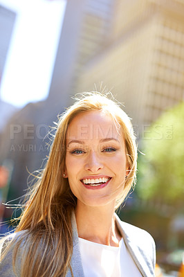 Buy stock photo Smile, urban and portrait of businesswoman, city and professional for corporate employee. Confidence, happy and commute or travel to workplace in New York, business consultant and successful career