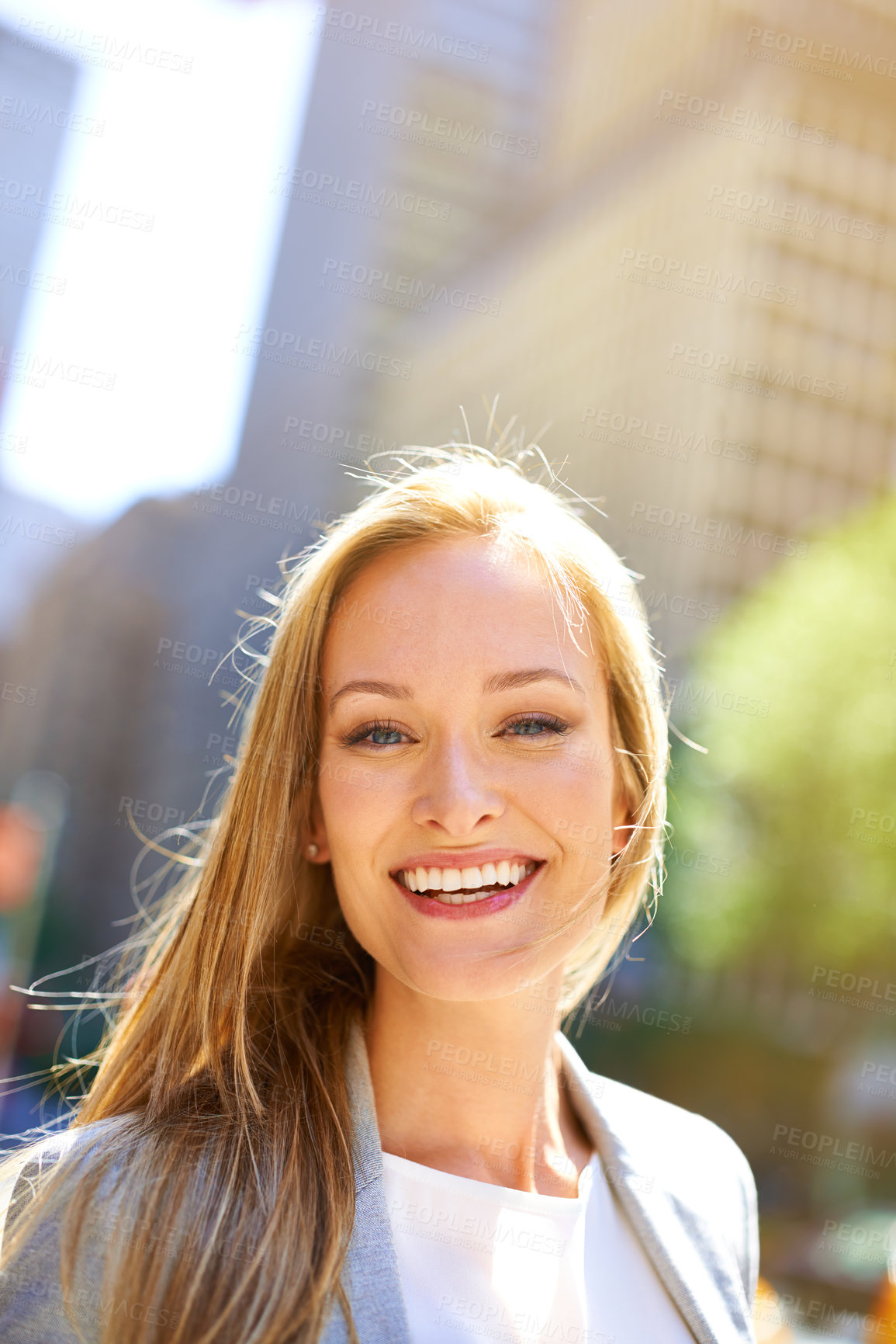 Buy stock photo Smile, urban and portrait of businesswoman, city and professional for corporate employee. Confidence, happy and commute or travel to workplace in New York, business consultant and successful career