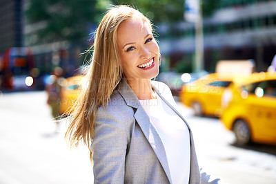 Buy stock photo Smile, urban and portrait of businesswoman, city or professional for corporate employee. Confidence, hair and commute or travel to workplace in New York, business consultant or entrepreneur career 