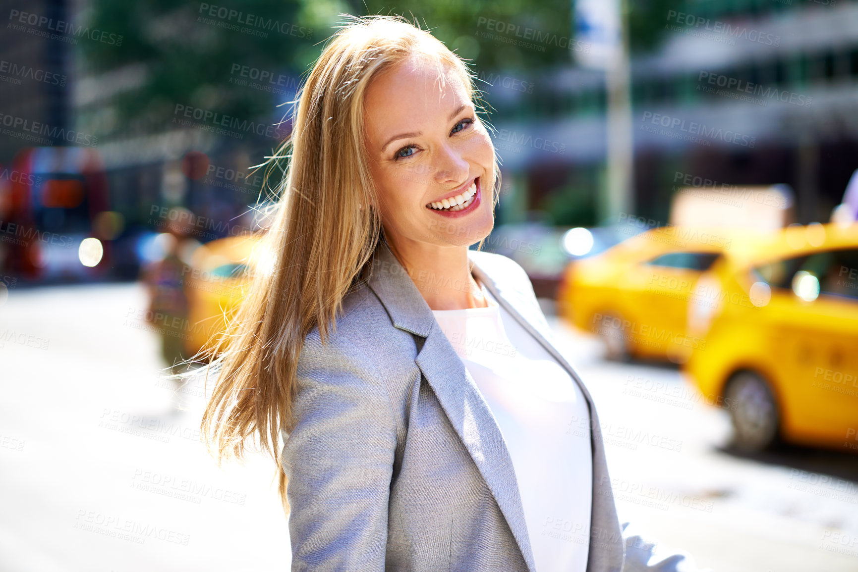 Buy stock photo Smile, urban and portrait of businesswoman, city or professional for corporate employee. Confidence, hair and commute or travel to workplace in New York, business consultant or entrepreneur career 